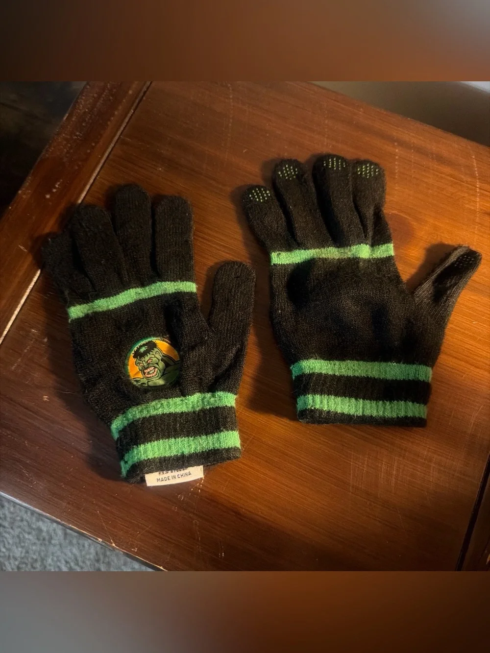 Kids Black Gloves with Green Stripes and Superhero Patch